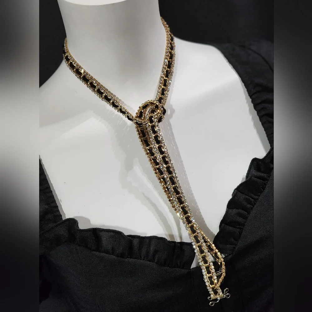 Long Gold, Black, Clear Rhinestoned Tie Necklace